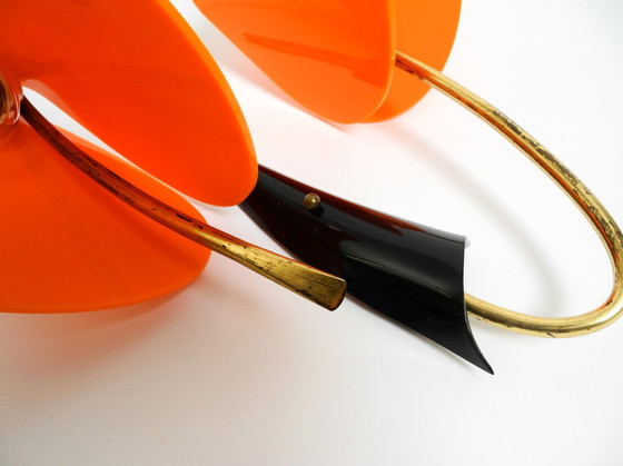 Image 1 of Beautiful Large Italian Mid Century Modern Brass Wall Lamp With Orange Acrylic Glass Shades