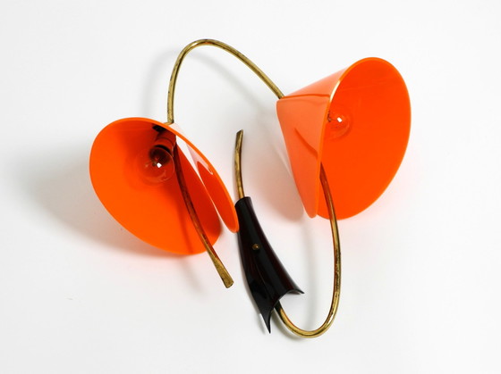 Image 1 of Beautiful Large Italian Mid Century Modern Brass Wall Lamp With Orange Acrylic Glass Shades