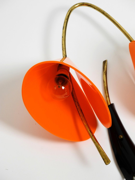 Image 1 of Beautiful Large Italian Mid Century Modern Brass Wall Lamp With Orange Acrylic Glass Shades