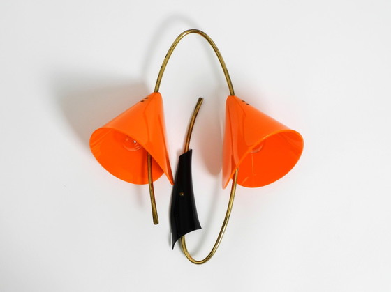 Image 1 of Beautiful Large Italian Mid Century Modern Brass Wall Lamp With Orange Acrylic Glass Shades