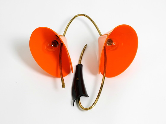 Image 1 of Beautiful Large Italian Mid Century Modern Brass Wall Lamp With Orange Acrylic Glass Shades