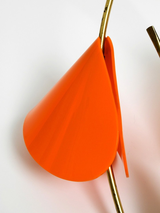 Image 1 of Beautiful Large Italian Mid Century Modern Brass Wall Lamp With Orange Acrylic Glass Shades