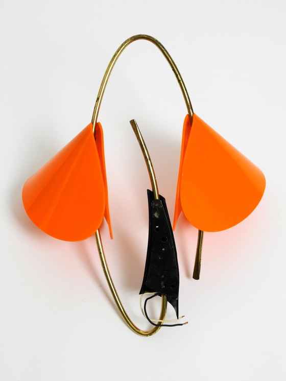 Image 1 of Beautiful Large Italian Mid Century Modern Brass Wall Lamp With Orange Acrylic Glass Shades