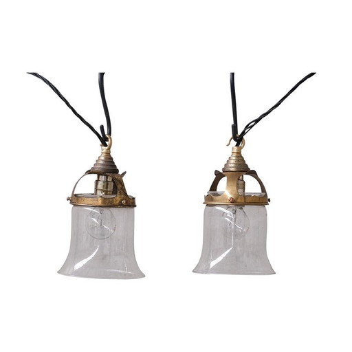 Pair of vintage bell pendants in transparent glass and brass, France 1950
