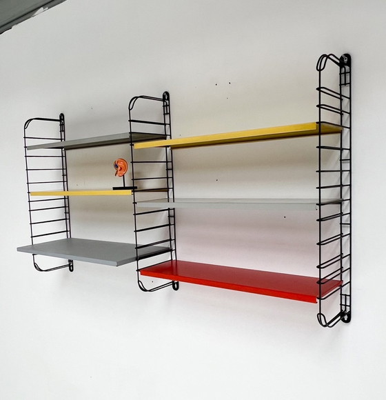 Image 1 of Nine-Piece Yellow/Red Tomado Wall Rack From A. Dekker, 1950'S