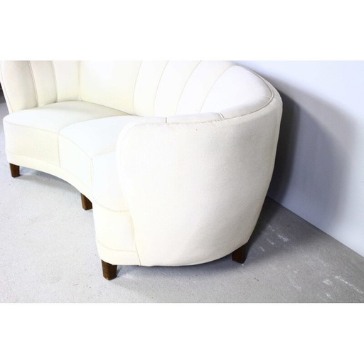 Vintage Art Deco banana-shaped 3-seater sofa in white fabric, Denmark 1950