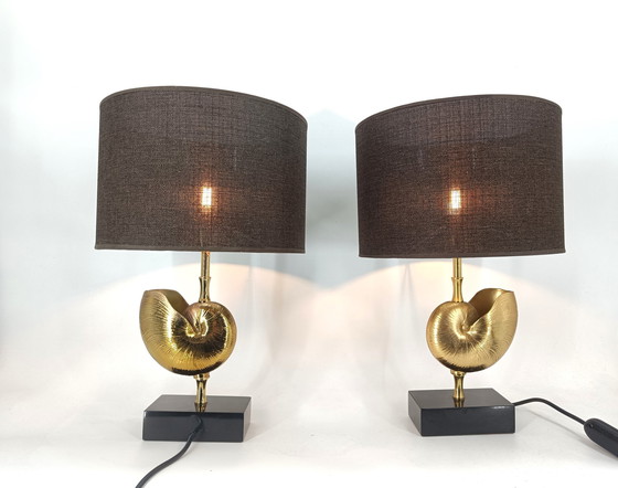 Image 1 of Vintage Brass Nautilus Shell Table Lamps 1970'S - France  - Set Of 2