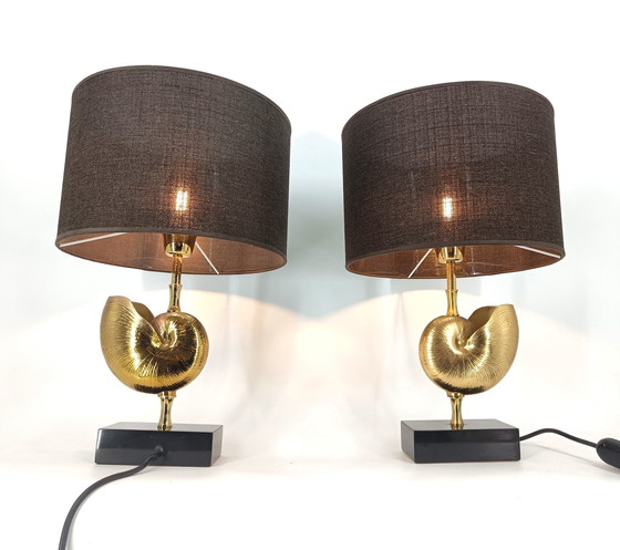 Image 1 of Vintage Brass Nautilus Shell Table Lamps 1970'S - France  - Set Of 2