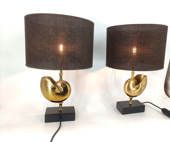 Image 1 of Vintage Brass Nautilus Shell Table Lamps 1970'S - France  - Set Of 2