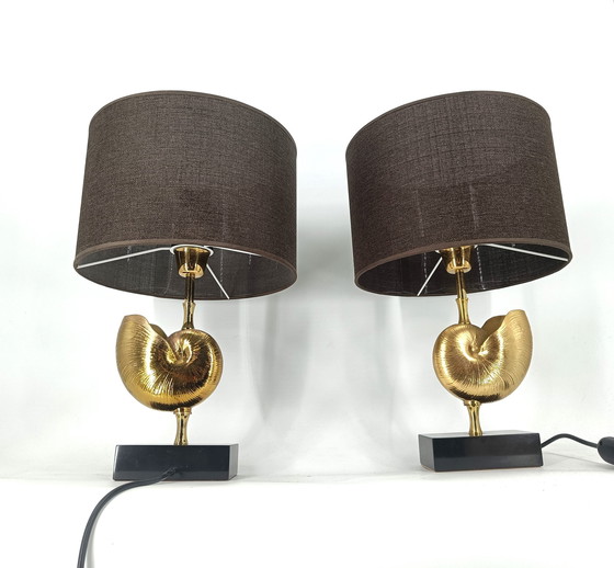 Image 1 of Vintage Brass Nautilus Shell Table Lamps 1970'S - France  - Set Of 2