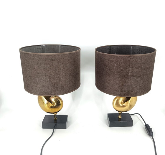 Image 1 of Vintage Brass Nautilus Shell Table Lamps 1970'S - France  - Set Of 2