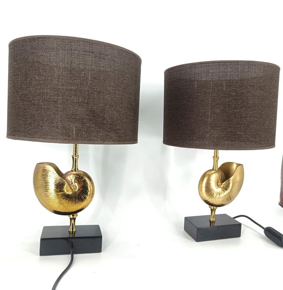 Image 1 of Vintage Brass Nautilus Shell Table Lamps 1970'S - France  - Set Of 2