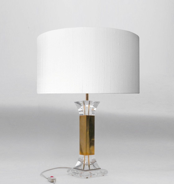 Image 1 of Plexiglass And Brass Table Lamp Stand 1980