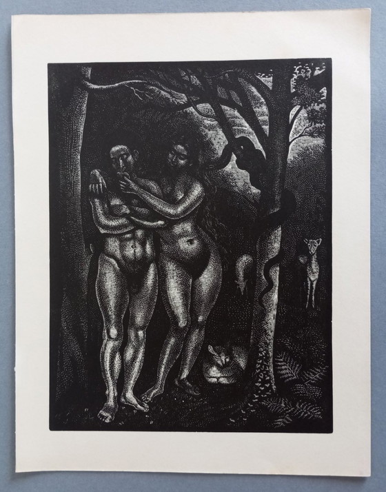 Image 1 of Demetrios Galanis 'Adam And Eve' Art-Deco Woodcut Milton 'Paradise Lost' 1930'S