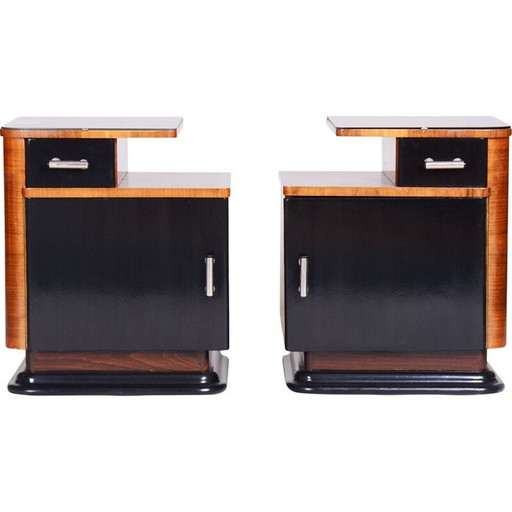 Pair of vintage Czech Art Deco walnut night stands, 1930s