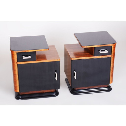 Pair of vintage Czech Art Deco walnut night stands, 1930s