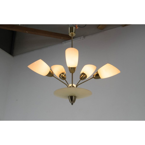 Image 1 of Vintage brass and glass chandelier by Kamenicky Senov, Czechoslovakia 1950