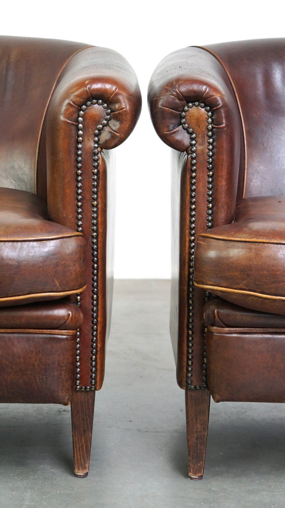 Image 1 of 2 x sheep leather club chair with patina