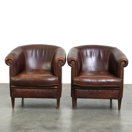 Image 1 of 2 x sheep leather club chair with patina