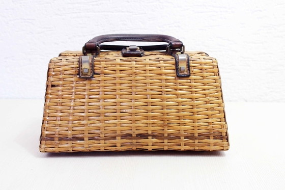 Image 1 of Mid century wicker and leather handbag