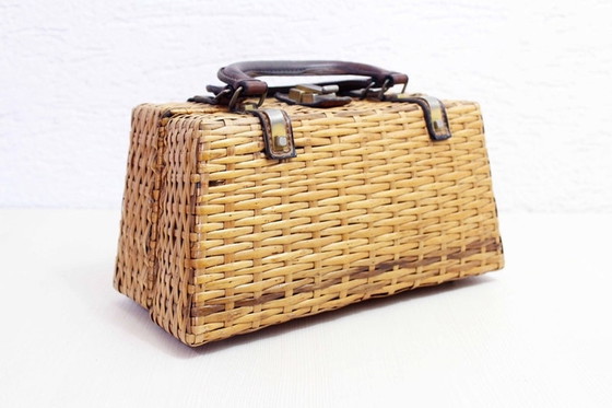 Image 1 of Mid century wicker and leather handbag