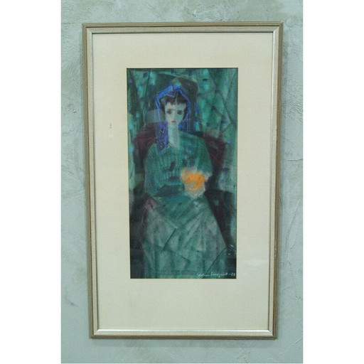 Retrato modernista vintage de una mujer con flores, obra de Fabian Lundqvist (Suecia, 1953).