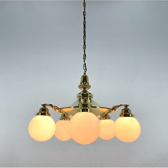 Image 1 of Vintage Art Deco chandelier in brass and milk glass, Czechoslovakia