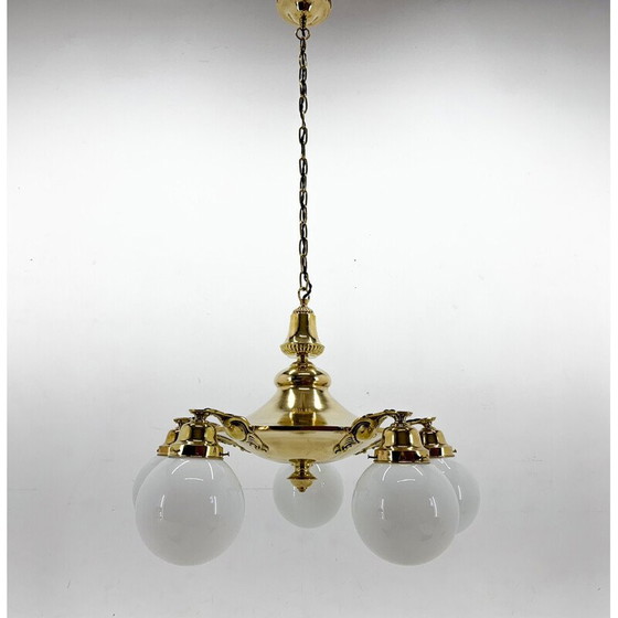 Image 1 of Vintage Art Deco chandelier in brass and milk glass, Czechoslovakia