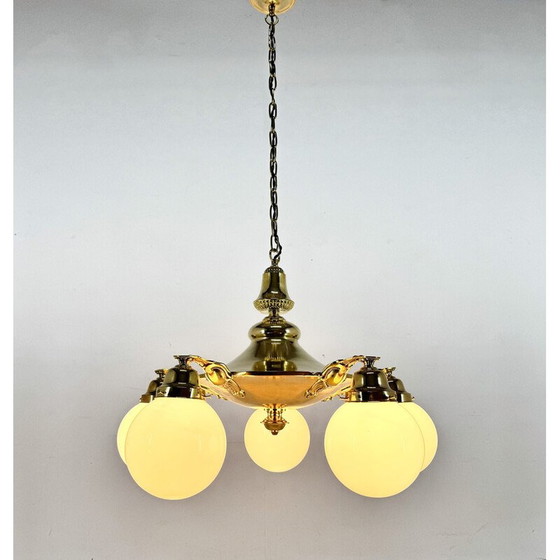 Image 1 of Vintage Art Deco chandelier in brass and milk glass, Czechoslovakia