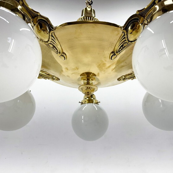 Image 1 of Vintage Art Deco chandelier in brass and milk glass, Czechoslovakia