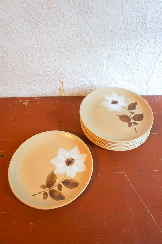 Image 1 of 8x assiettes plates Gres Saint Amand Moulin Des Loups Marron Blanc Fleur d'Automne Modèle