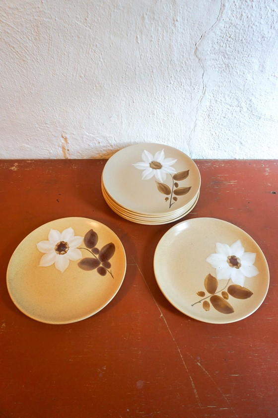 Image 1 of 8x assiettes plates Gres Saint Amand Moulin Des Loups Marron Blanc Fleur d'Automne Modèle