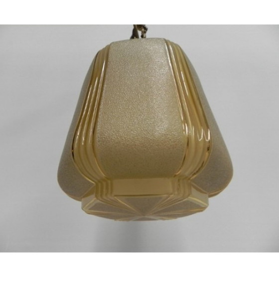 Image 1 of Art Deco hanging lamp on chain with beige glass shade