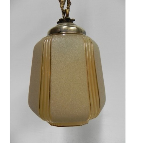 Image 1 of Art Deco hanging lamp on chain with beige glass shade