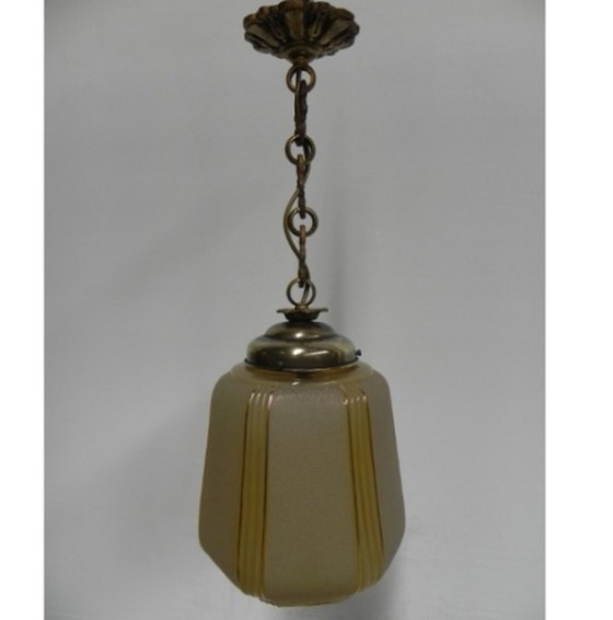 Image 1 of Art Deco hanging lamp on chain with beige glass shade