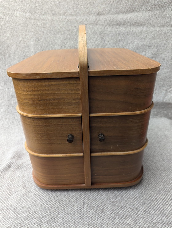 Image 1 of Sewing cabinet, Sewing basket, Teak Sewing Box In Legs, Sewing Stand, Danmark Mid - Century