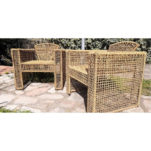 Pair of vintage armchairs in metal and braided rope, France 1980
