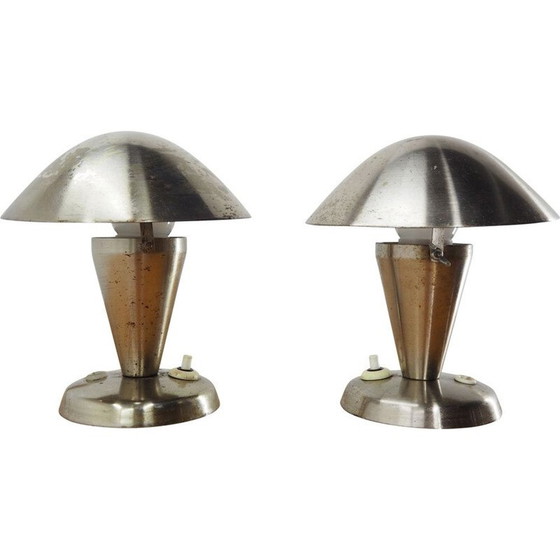 Image 1 of Pair of vintage art deco chrome bauhaus table lamps with flexible shade, Czechoslovakia 1930