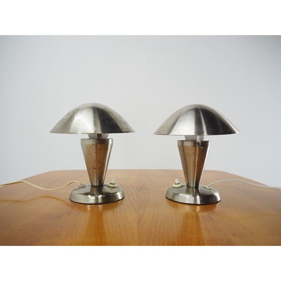 Image 1 of Pair of vintage art deco chrome bauhaus table lamps with flexible shade, Czechoslovakia 1930