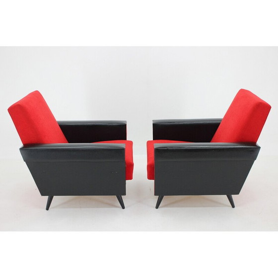 Image 1 of Pair of vintage armchairs in leatherette and red fabric, Czechoslovakia 1970s