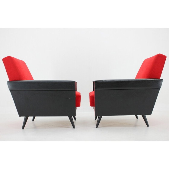 Image 1 of Pair of vintage armchairs in leatherette and red fabric, Czechoslovakia 1970s