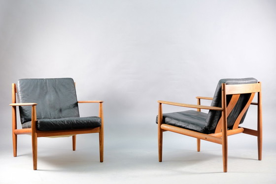 Image 1 of Mid-Century Danish Teak and Black Leather Lounge Chairs by Grete Jalk for France & Søn / France & Daverkosen, Set of 2