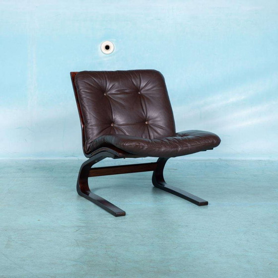 Image 1 of Poltrona vintage in pelle e compensato anni '60, sedia di design nordico