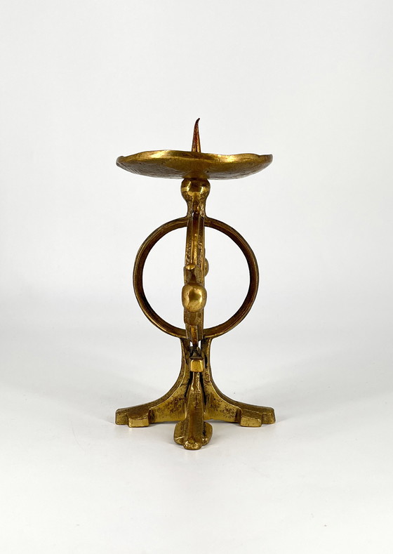 Image 1 of Heavy Norwegian brass candlestick 1960 Brutalism Fredrikstad Norway