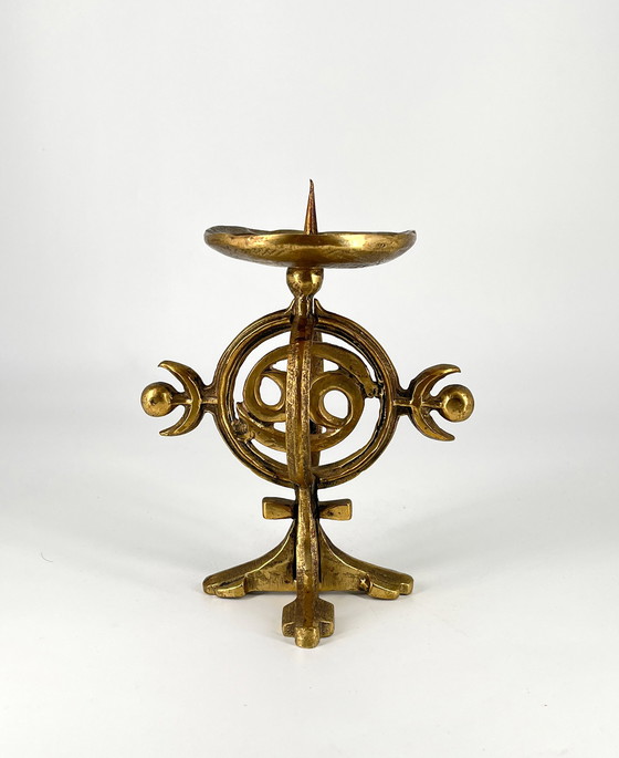 Image 1 of Heavy Norwegian brass candlestick 1960 Brutalism Fredrikstad Norway