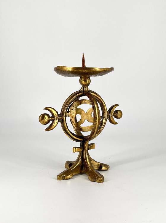 Image 1 of Heavy Norwegian brass candlestick 1960 Brutalism Fredrikstad Norway