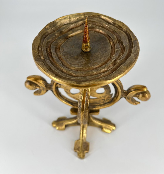 Image 1 of Heavy Norwegian brass candlestick 1960 Brutalism Fredrikstad Norway