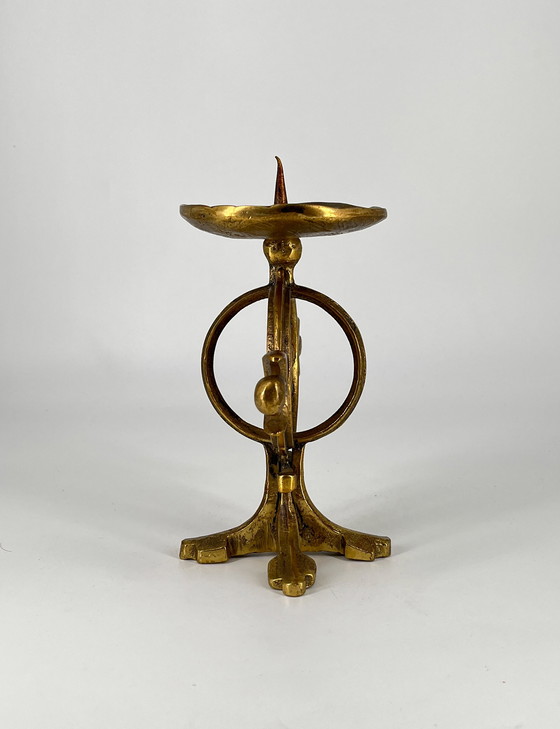 Image 1 of Heavy Norwegian brass candlestick 1960 Brutalism Fredrikstad Norway