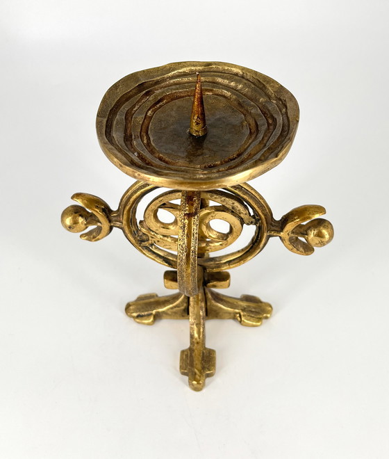 Image 1 of Heavy Norwegian brass candlestick 1960 Brutalism Fredrikstad Norway