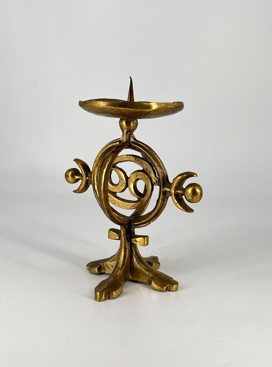 Image 1 of Heavy Norwegian brass candlestick 1960 Brutalism Fredrikstad Norway